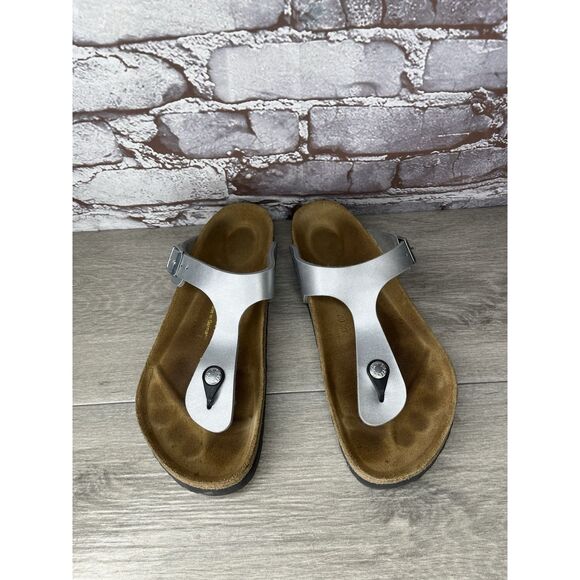 Birkenstock Gizeh Silver Birko Flor Leather Thong Sandals Women Sz 39EU/8.5M US - Picture 2 of 16